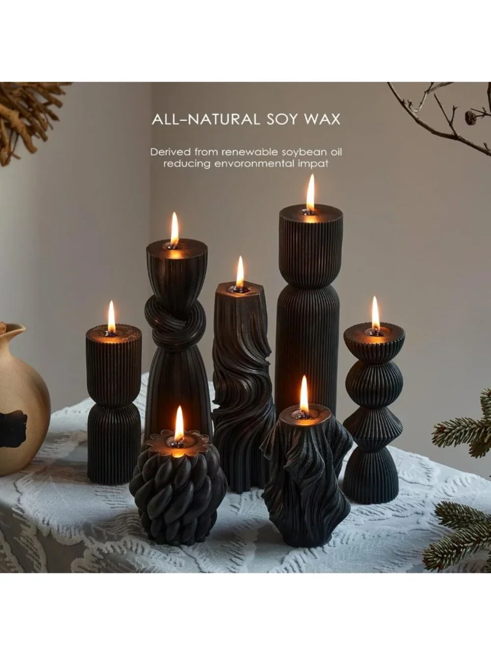 7-Pack Ribbed Soy Wax Pillar Candles - Aesthetic Home Decor & Gift Set
